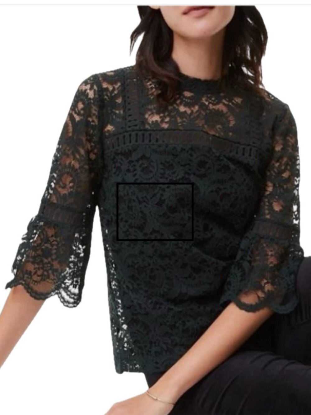 LOFT | Dark Forest Green Lace Mock Neck 3/4 Sleeve Blouse | Size L